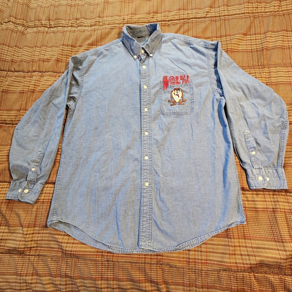 VTG 90s Taz Denim Shirt Mens L Warner Bros Embroidred Tazmanian Devil Button Up